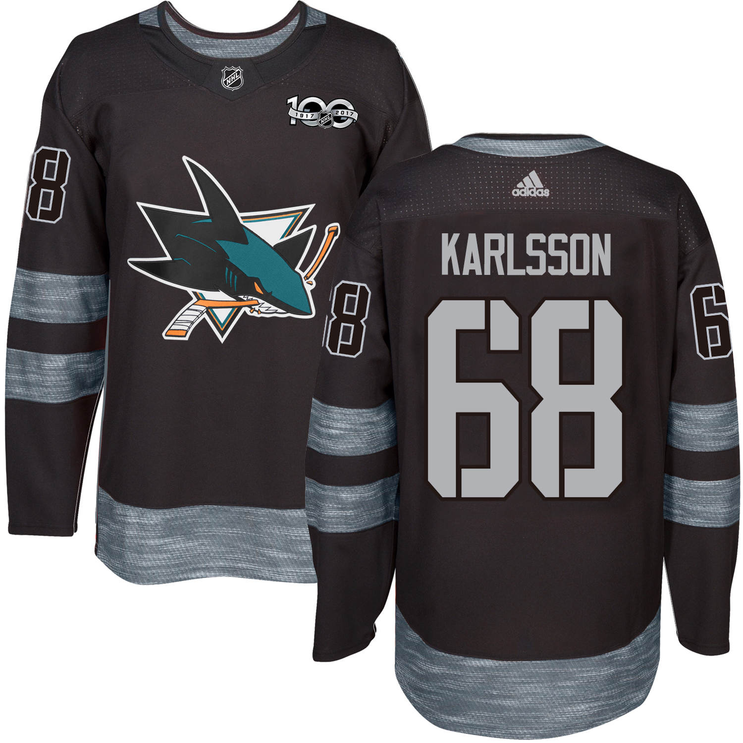 Adidas Sharks #68 Melker Karlsson Black 1917-100th Anniversary Stitched NHL Jersey